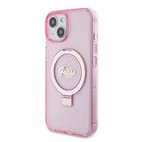 Guess iPhone 15 -kuori, jalusta, glitter, MagSafe, pinkki