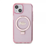 Guess iPhone 15 -kuori, jalusta, glitter, MagSafe, pinkki