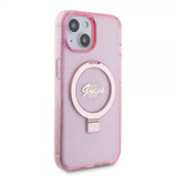 Guess iPhone 15 -kuori, jalusta, glitter, MagSafe, pinkki
