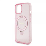 Guess iPhone 15 -kuori, jalusta, glitter, MagSafe, pinkki