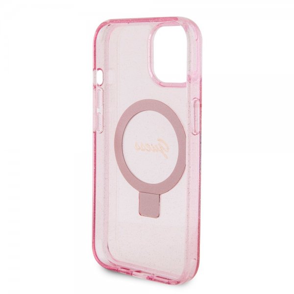Guess iPhone 15 -kuori, jalusta, glitter, MagSafe, pinkki