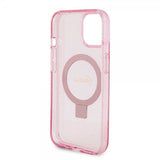 Guess iPhone 15 -kuori, jalusta, glitter, MagSafe, pinkki