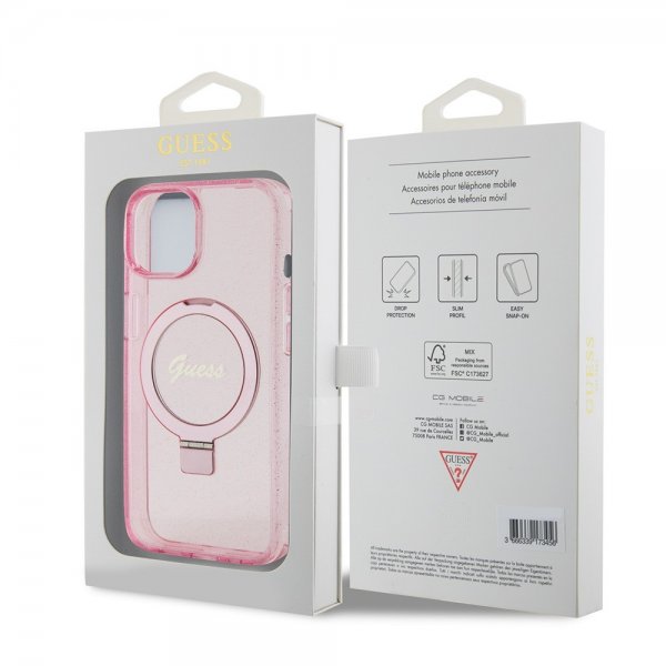 Guess iPhone 15 -kuori, jalusta, glitter, MagSafe, pinkki