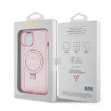 Guess iPhone 15 -kuori, jalusta, glitter, MagSafe, pinkki
