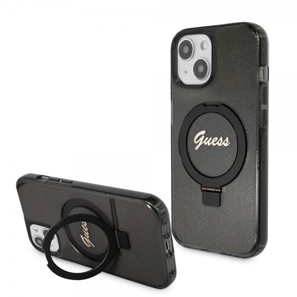 Guess iPhone 15 Kuori Sormusteline Glitter MagSafe Musta