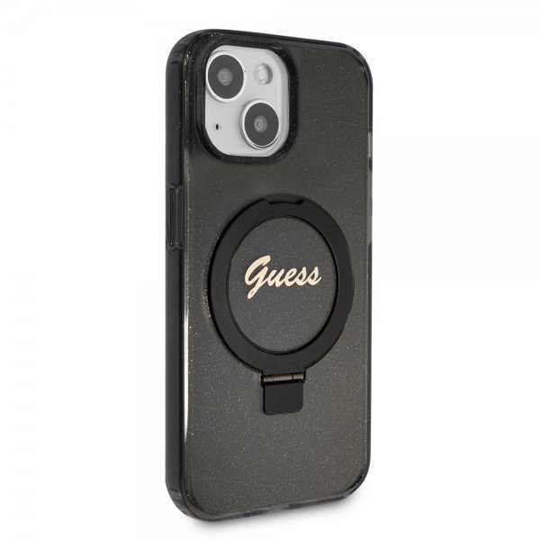 Guess iPhone 15 Kuori Sormusteline Glitter MagSafe Musta