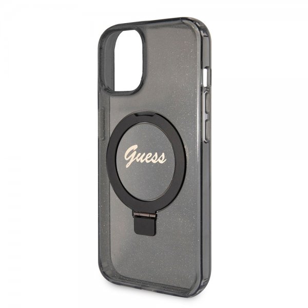 Guess iPhone 15 Kuori Sormusteline Glitter MagSafe Musta