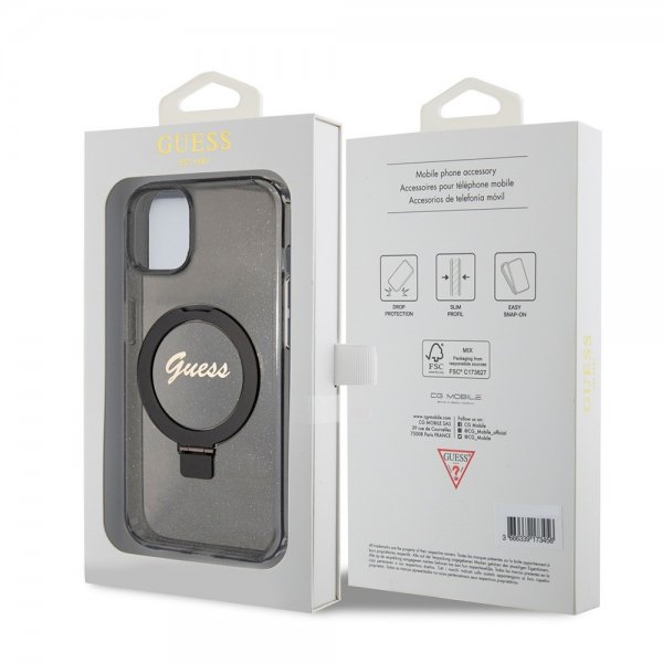 Guess iPhone 15 Kuori Sormusteline Glitter MagSafe Musta