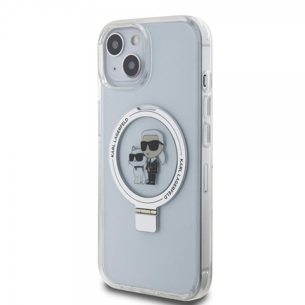 Karl Lagerfeld iPhone 15 -kuori jalustalla MagSafe valkoinen