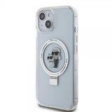 Karl Lagerfeld iPhone 15 -kuori jalustalla MagSafe valkoinen