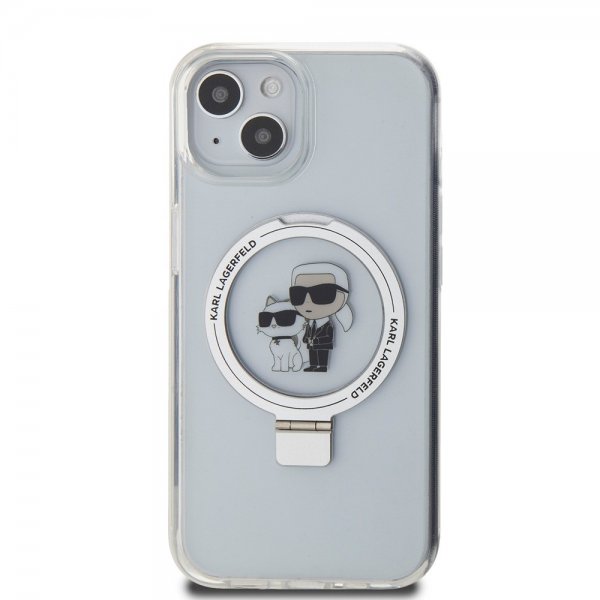 Karl Lagerfeld iPhone 15 -kuori jalustalla MagSafe valkoinen