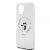 Karl Lagerfeld iPhone 15 -kuori jalustalla MagSafe valkoinen