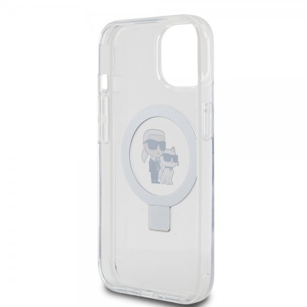 Karl Lagerfeld iPhone 15 -kuori jalustalla MagSafe valkoinen