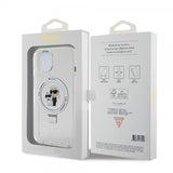 Karl Lagerfeld iPhone 15 -kuori jalustalla MagSafe valkoinen