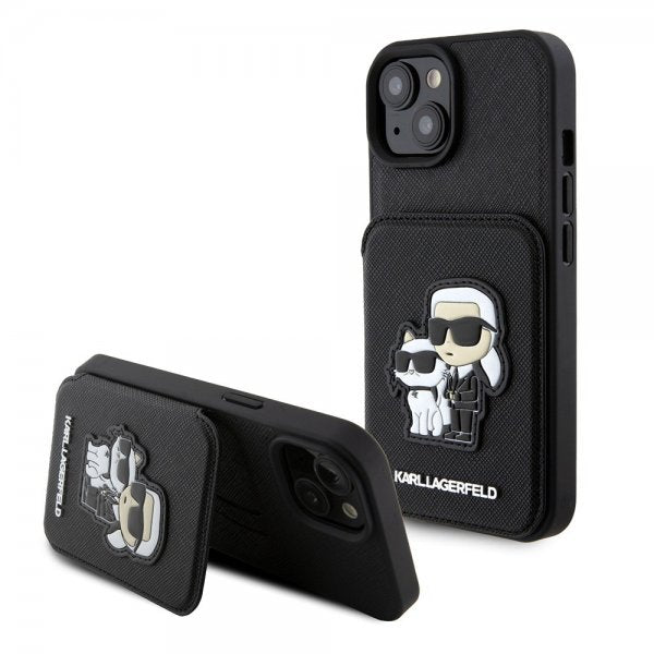 Karl Lagerfeld iPhone 15 -kuori Saffiano korttipaikoilla ja jalustalla musta
