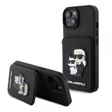 Karl Lagerfeld iPhone 15 -kuori Saffiano korttipaikoilla ja jalustalla musta