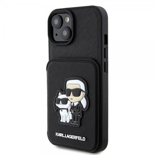 Karl Lagerfeld iPhone 15 -kuori Saffiano korttipaikoilla ja jalustalla musta