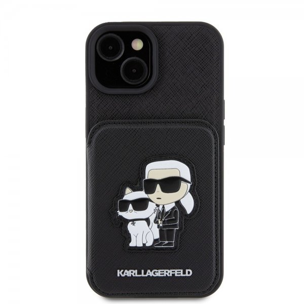 Karl Lagerfeld iPhone 15 -kuori Saffiano korttipaikoilla ja jalustalla musta