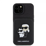 Karl Lagerfeld iPhone 15 -kuori Saffiano korttipaikoilla ja jalustalla musta