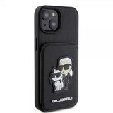 Karl Lagerfeld iPhone 15 -kuori Saffiano korttipaikoilla ja jalustalla musta