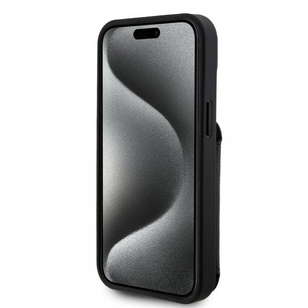 Karl Lagerfeld iPhone 15 -kuori Saffiano korttipaikoilla ja jalustalla musta