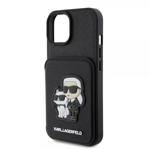 Karl Lagerfeld iPhone 15 -kuori Saffiano korttipaikoilla ja jalustalla musta