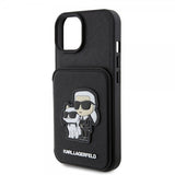 Karl Lagerfeld iPhone 15 -kuori Saffiano korttipaikoilla ja jalustalla musta