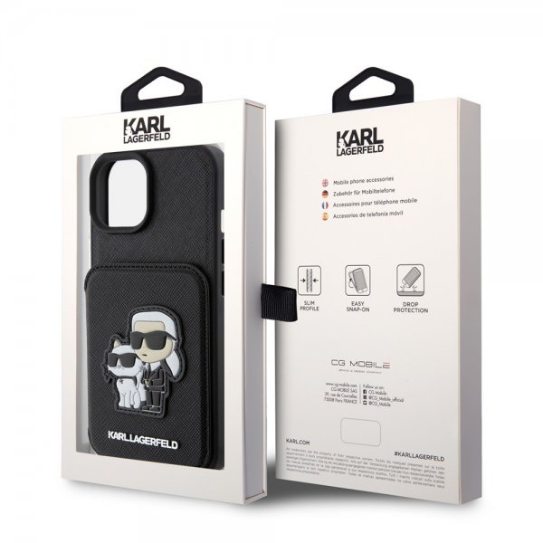 Karl Lagerfeld iPhone 15 -kuori Saffiano korttipaikoilla ja jalustalla musta