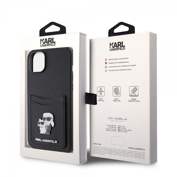 Karl Lagerfeld iPhone 15 Saffiano Double Cardslot -kuori, musta