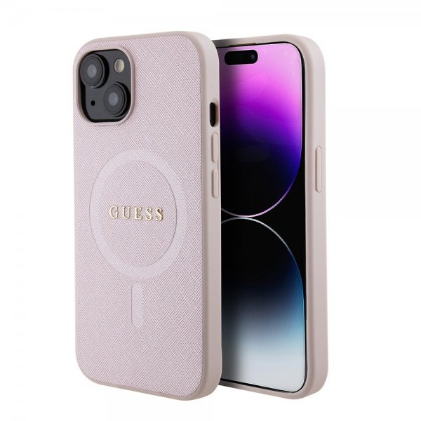 Guess iPhone 15 Saffiano MagSafe -kuori pinkki