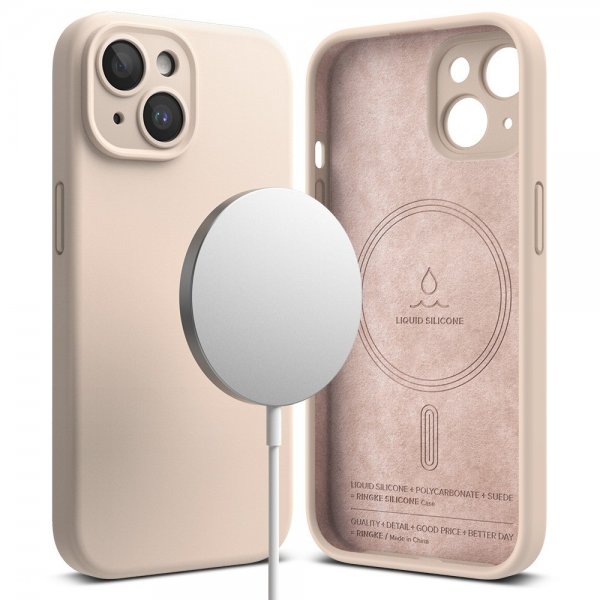 Ringke iPhone 15 Silicone Magnetic Pink Sand -suojakuori