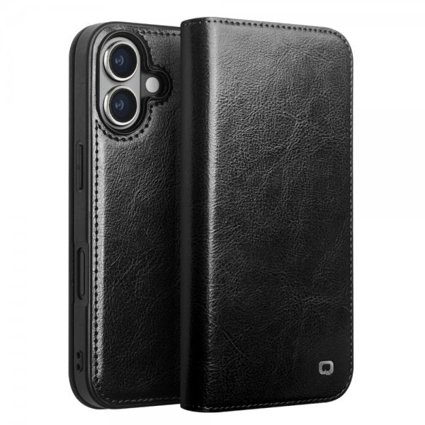 Qialino iPhone 16 Kotelo Aitoa Nahkaa Musta