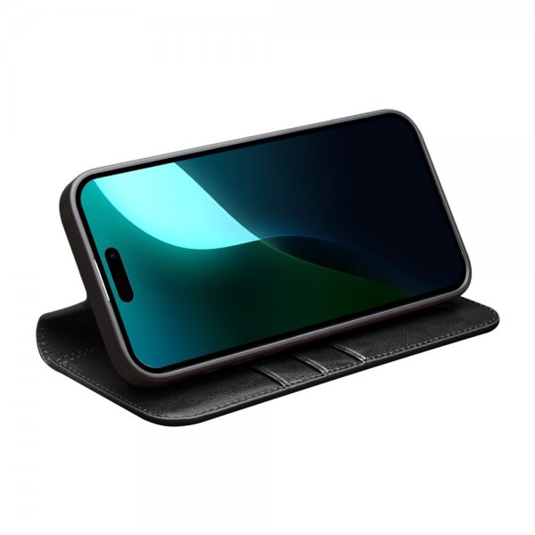 Qialino iPhone 16 Kotelo Aitoa Nahkaa Musta