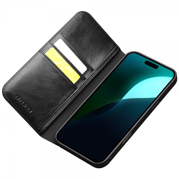 Qialino iPhone 16 Kotelo Aitoa Nahkaa Musta