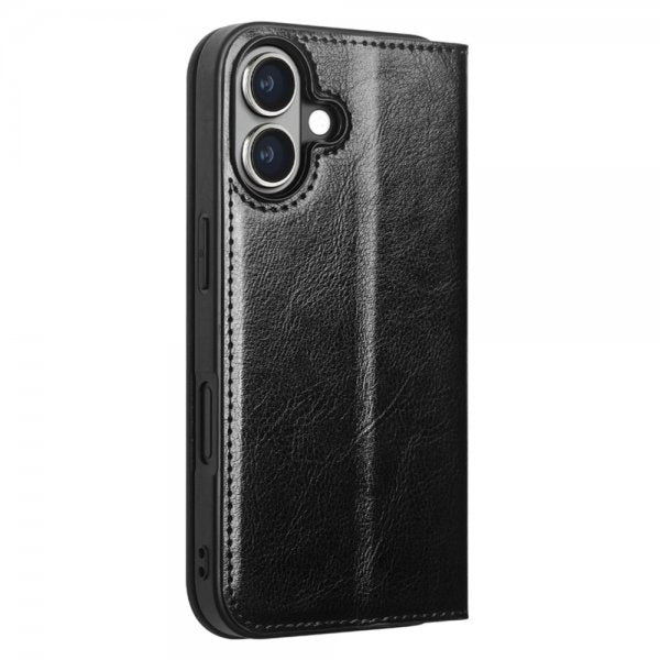 Qialino iPhone 16 Kotelo Aitoa Nahkaa Musta
