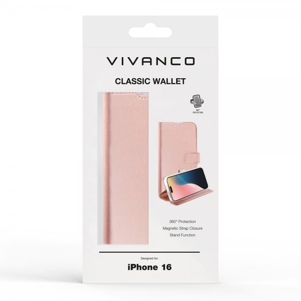 Vivanco iPhone 16 -suojakotelo Classic Wallet, ruusukulta