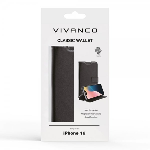 Vivanco iPhone 16 -suojakotelo, Classic Wallet, musta