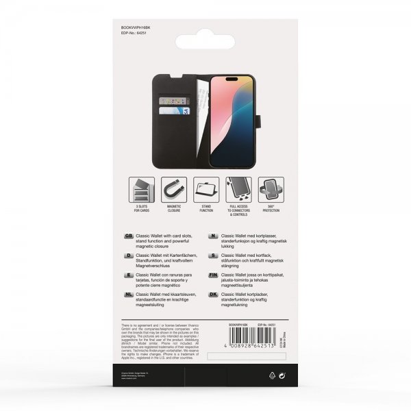 Vivanco iPhone 16 -suojakotelo, Classic Wallet, musta