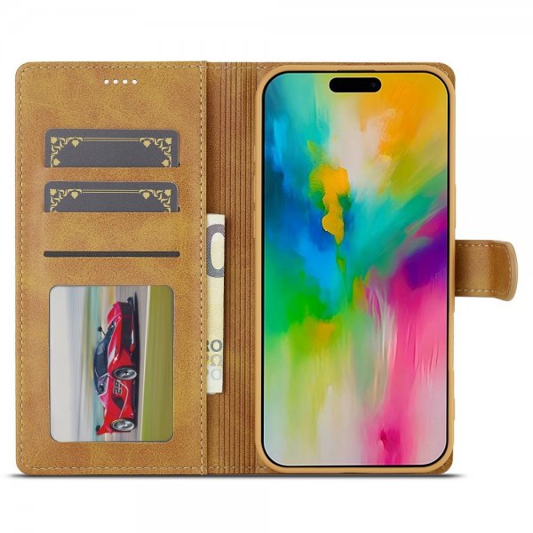Lc.Imeeke iPhone 16 -suojakotelo korttipaikalla ja jalustatoiminnolla, vaaleanruskea