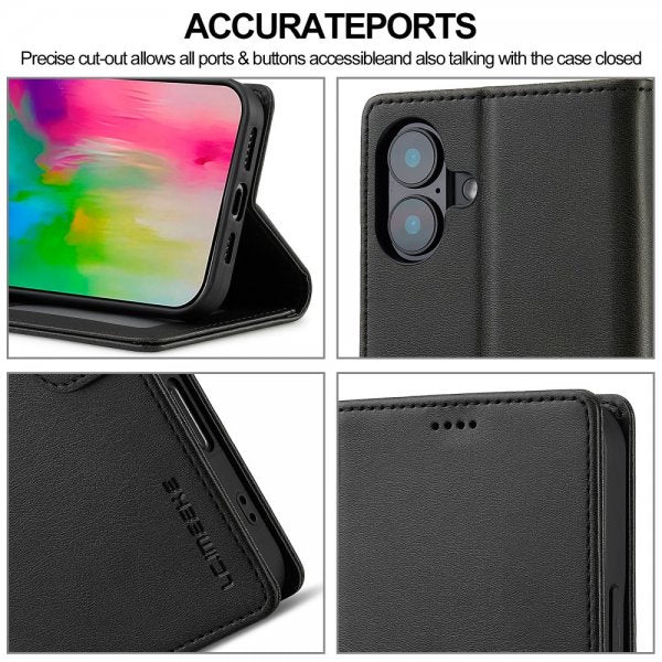 Lc.Imeeke iPhone 16 -kotelo, jossa korttipaikka ja jalustatoiminto, musta
