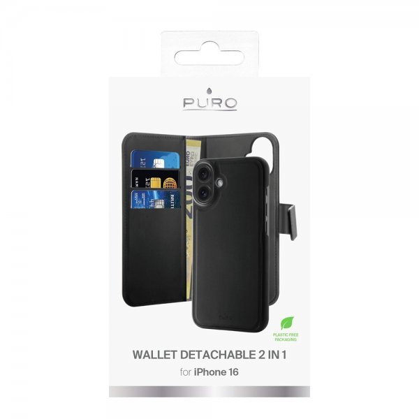 Puro iPhone 16 Suojakotelo Lompakko Irrotettava 2-in-1 Musta