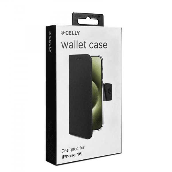Celly iPhone 16 Suojakotelo Wally Wallet Case Musta