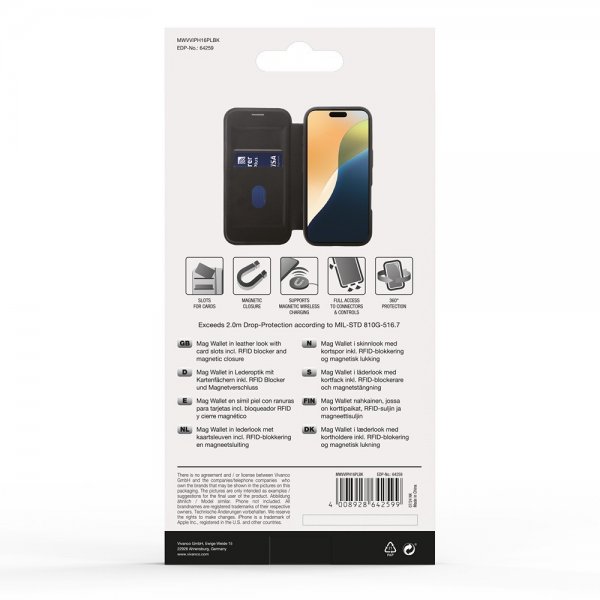Vivanco iPhone 16 Plus Mag Wallet -suojakotelo, musta