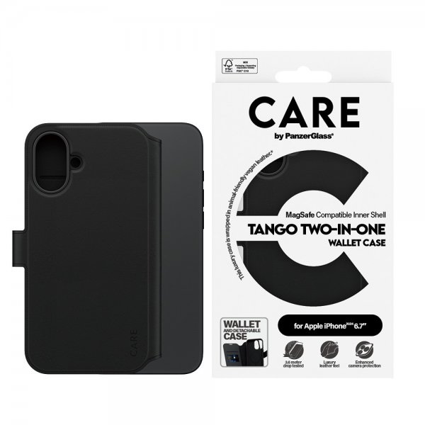 CARE by PanzerGlass iPhone 16 Plus -kotelo Tango Two-in-One Wallet MagSafe Musta