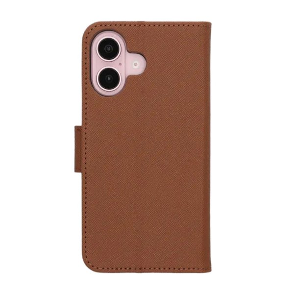 iPhone 16 Plus -kotelo jalustalla, ruskea