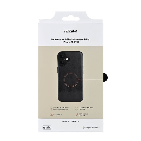 Buffalo iPhone 16 Plus -kotelo, aitoa nahkaa, MagSeries, musta