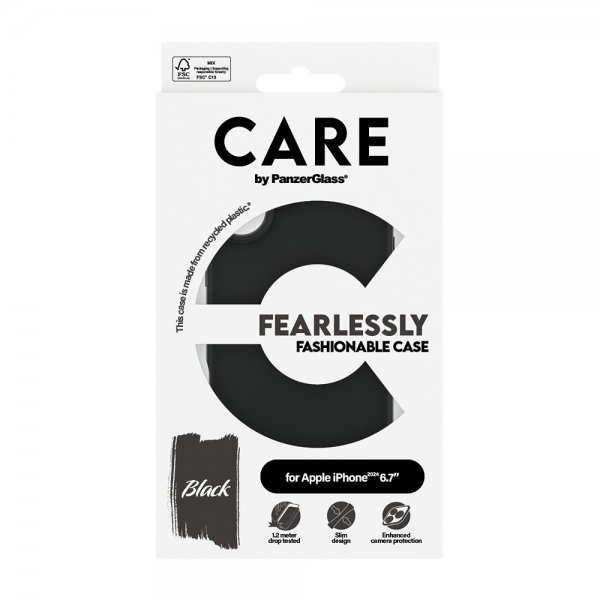 CARE by PanzerGlass iPhone 16 Plus -suojakuori, muotikäs design, musta