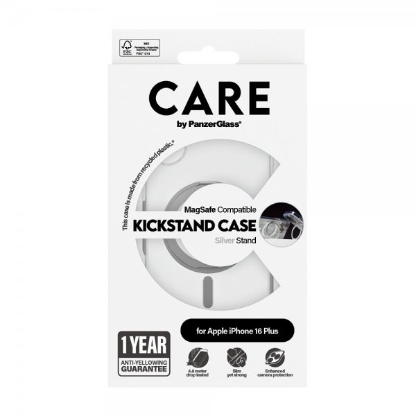 CARE by PanzerGlass iPhone 16 Plus -suojakuori Kickstand MagSafe, hopea
