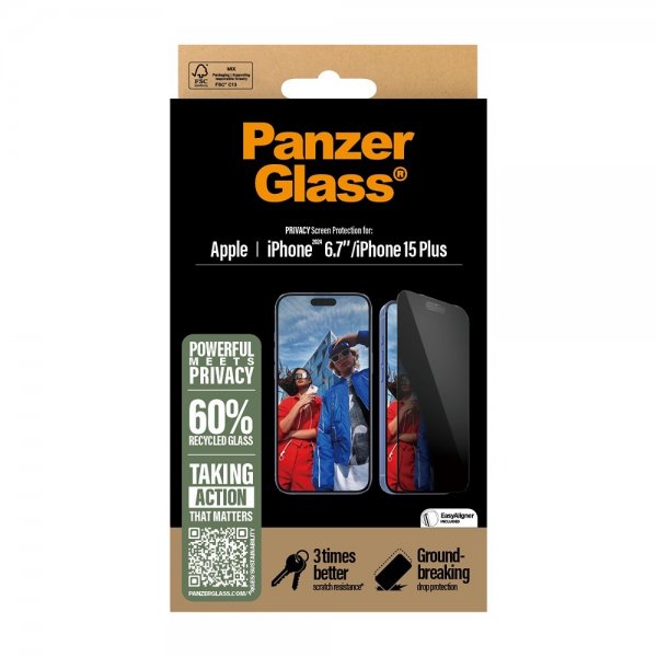 PanzerGlass iPhone 15 Plus/iPhone 16 Plus -näytönsuoja Ultra-Wide Fit Privacy EasyAligner