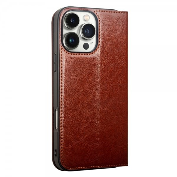 Qialino iPhone 16 Pro Kotelo Aitoa Nahkaa Ruskea